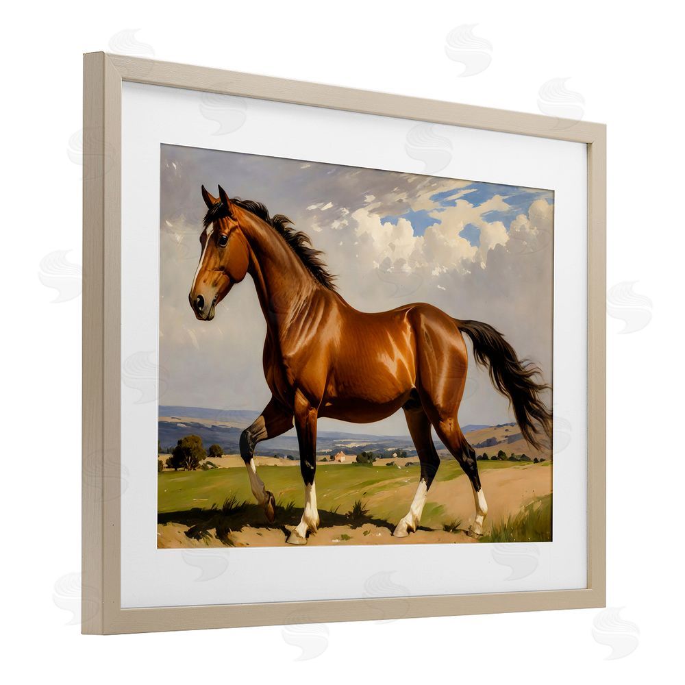 Creative Studio Trotting Horse in Field Brown Framed Print Under Glass with White Mat Wall Art