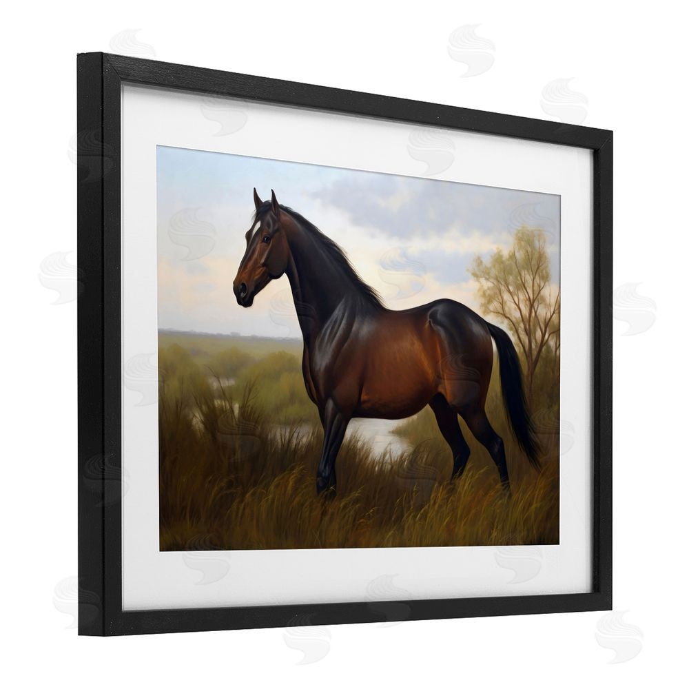Creative Studio Stallion in Marshland Black Framed Print Under Glass with White Mat Wall Art