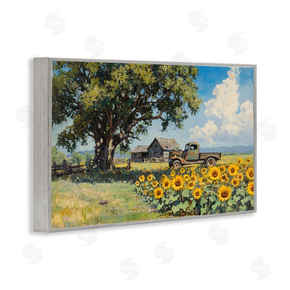Franklyn Gregory Sunflower Pickup by Old Barn Gray Framed Giclee Wall Art Print
