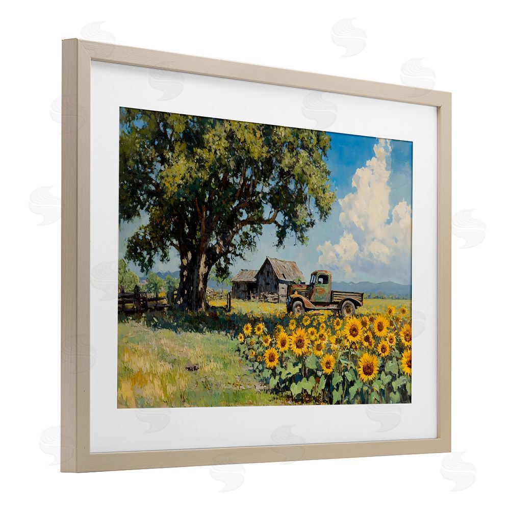 Franklyn Gregory Sunflower Pickup by Old Barn Brown Framed Print Under Glass with White Mat Wall Art