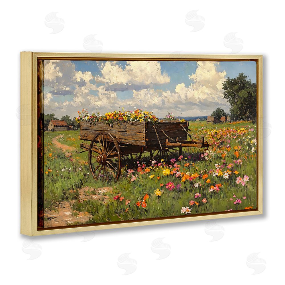 Franklyn Gregory Wildflower Wagon in Bloom Gold Floating Framed Canvas Wall Art Print