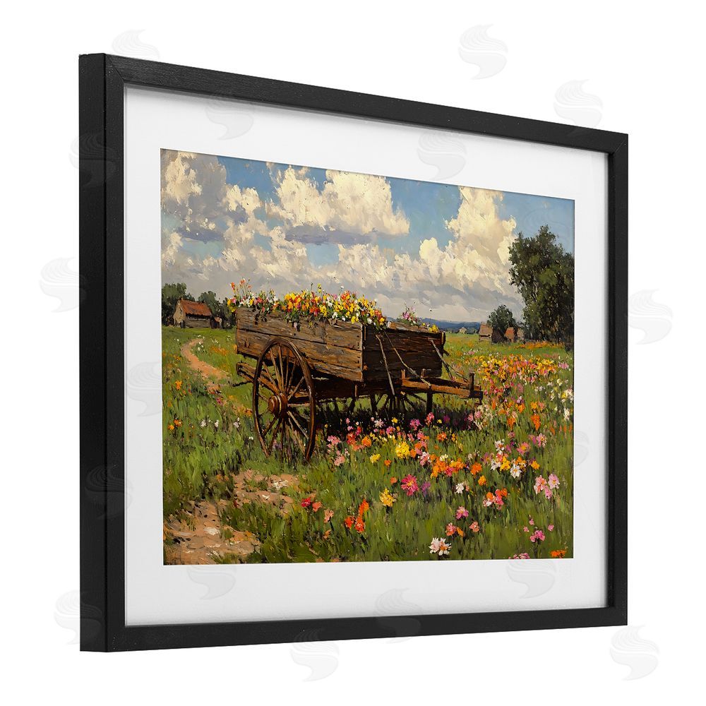 Franklyn Gregory Wildflower Wagon in Bloom Black Framed Print Under Glass with White Mat Wall Art