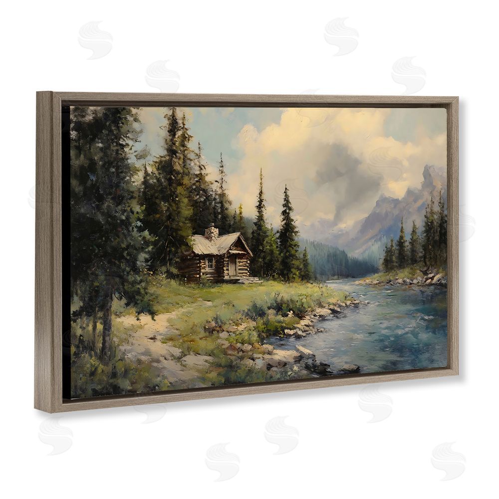 Franklyn Gregory Creek Cabin Riverside Retreat Brown Floating Frame Canvas Wall Art Print