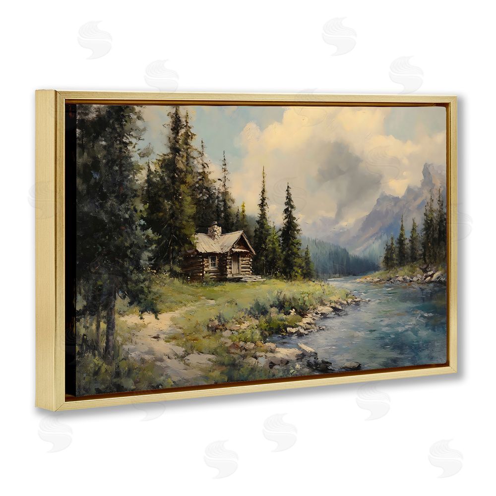 Franklyn Gregory Creek Cabin Riverside Retreat Gold Floating Frame Canvas Wall Art Print