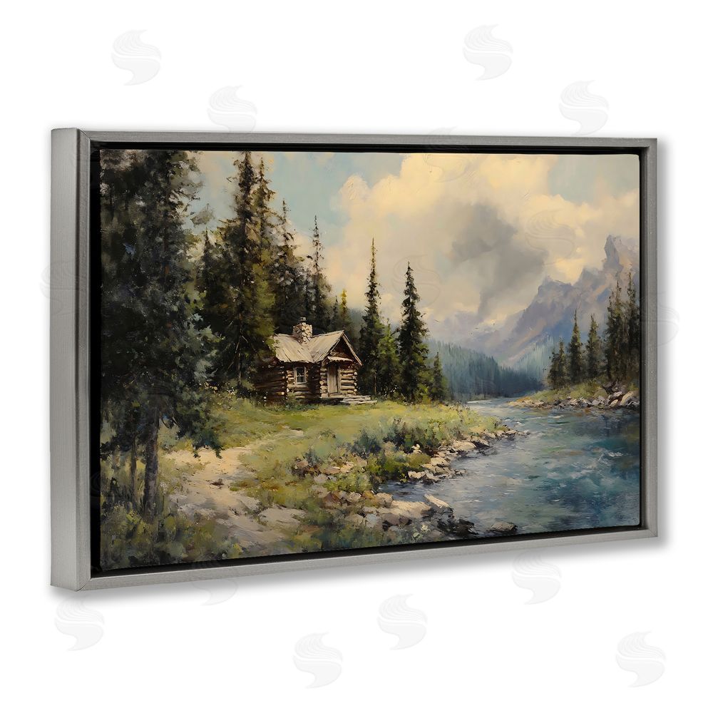 Franklyn Gregory Creek Cabin Riverside Retreat Gray Floating Frame Canvas Wall Art Print