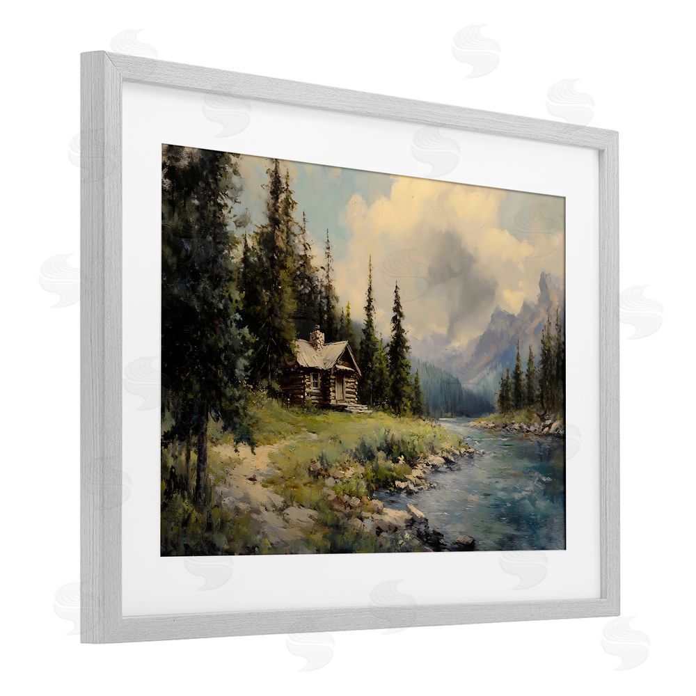 Franklyn Gregory Creek Cabin Riverside Retreat Gray Framed Print Under Glass Wall Art