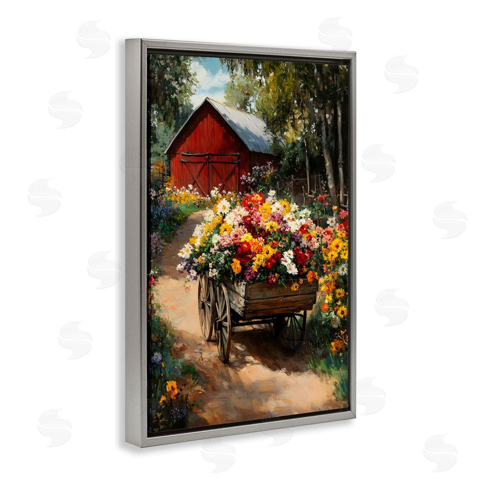 Franklyn Gregory Floral Wagon in Summer Garden Gray Floating Framed Canvas Wall Art