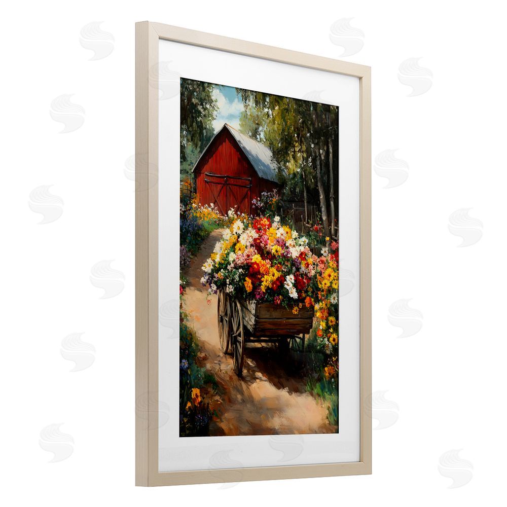 Franklyn Gregory Floral Wagon in Summer Garden Brown Framed Print Under Glass Wall Art