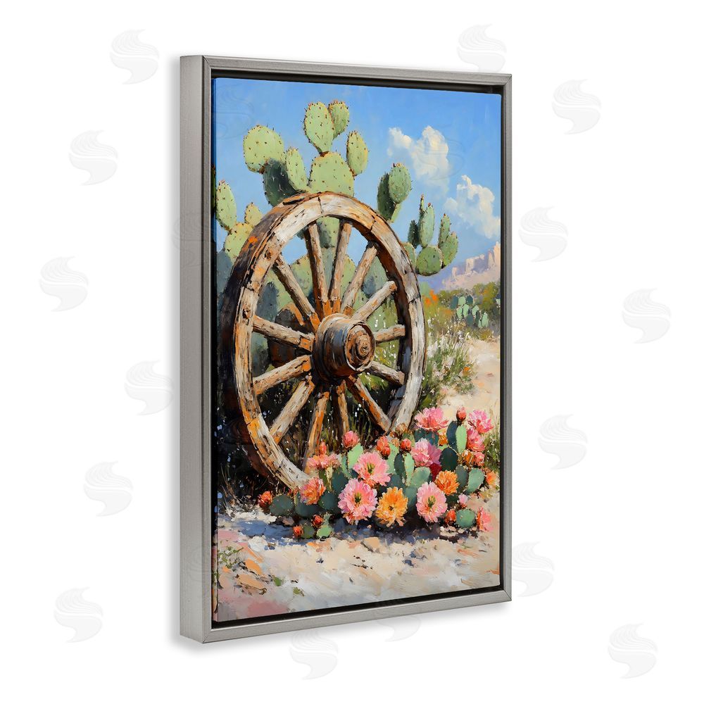 Franklyn Gregory Wagon Wheel Among Cactus Gray Floating Framed Canvas Wall Art Print