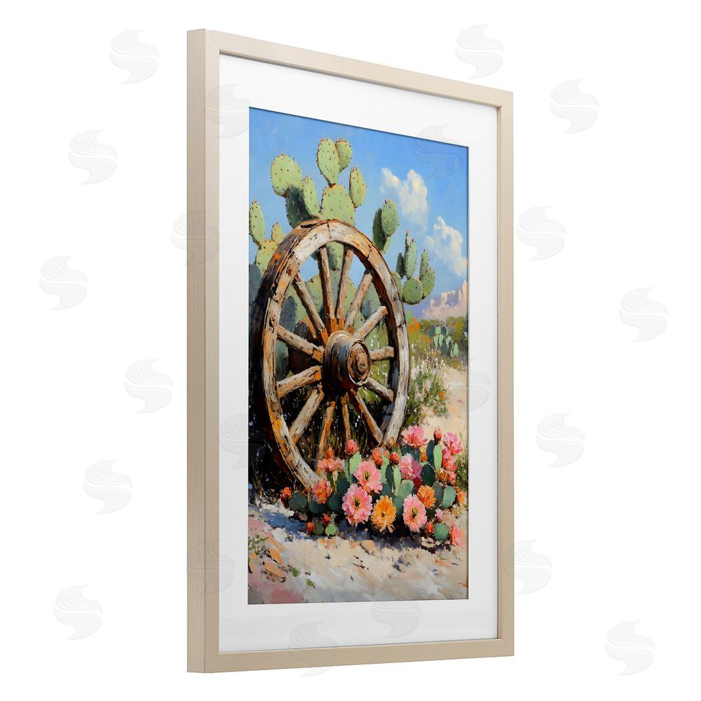 Franklyn Gregory Wagon Wheel Among Cactus Brown Framed Print Under Glass with White Mat Wall Art