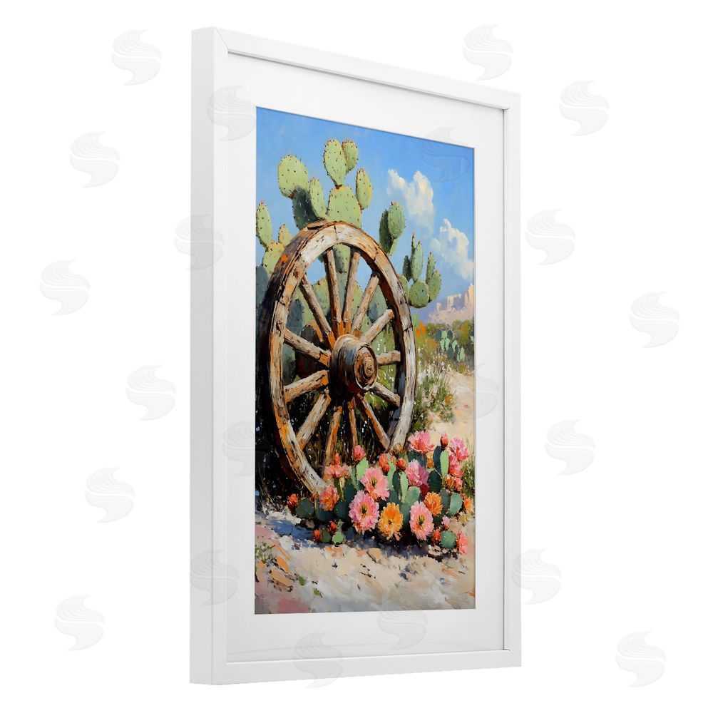 Franklyn Gregory Wagon Wheel Among Cactus White Framed Print Under Glass with White Mat Wall Art
