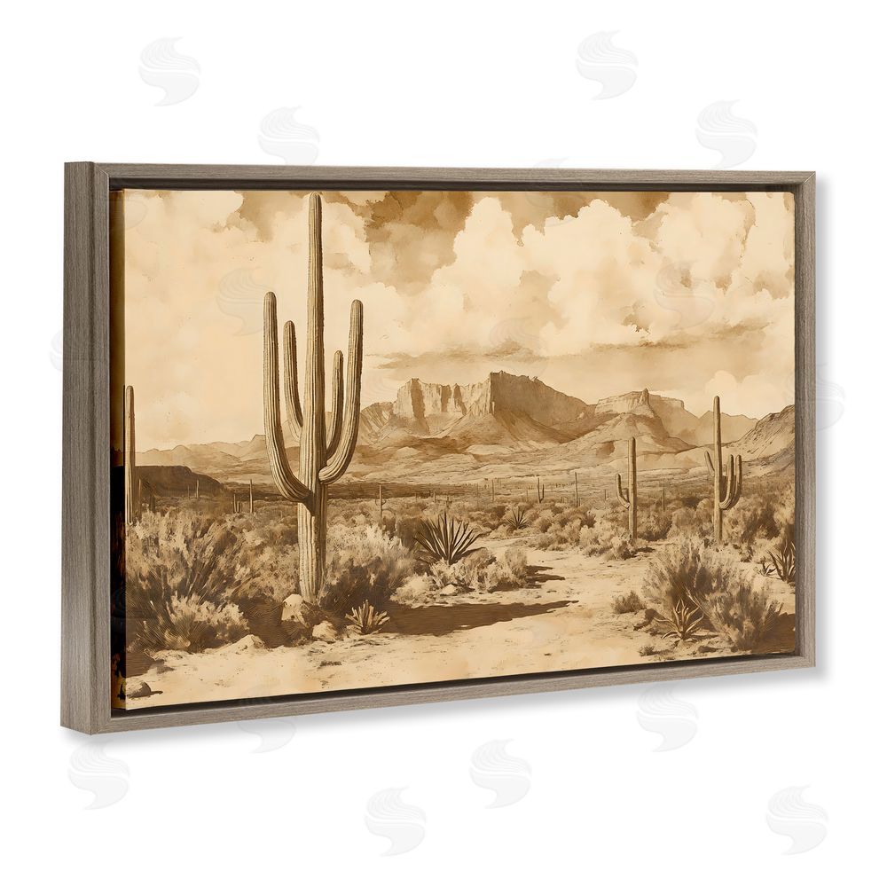 Franklyn Gregory Vintage Desert Peaks with Saguaro Brown Floating Framed Canvas Wall Art Print
