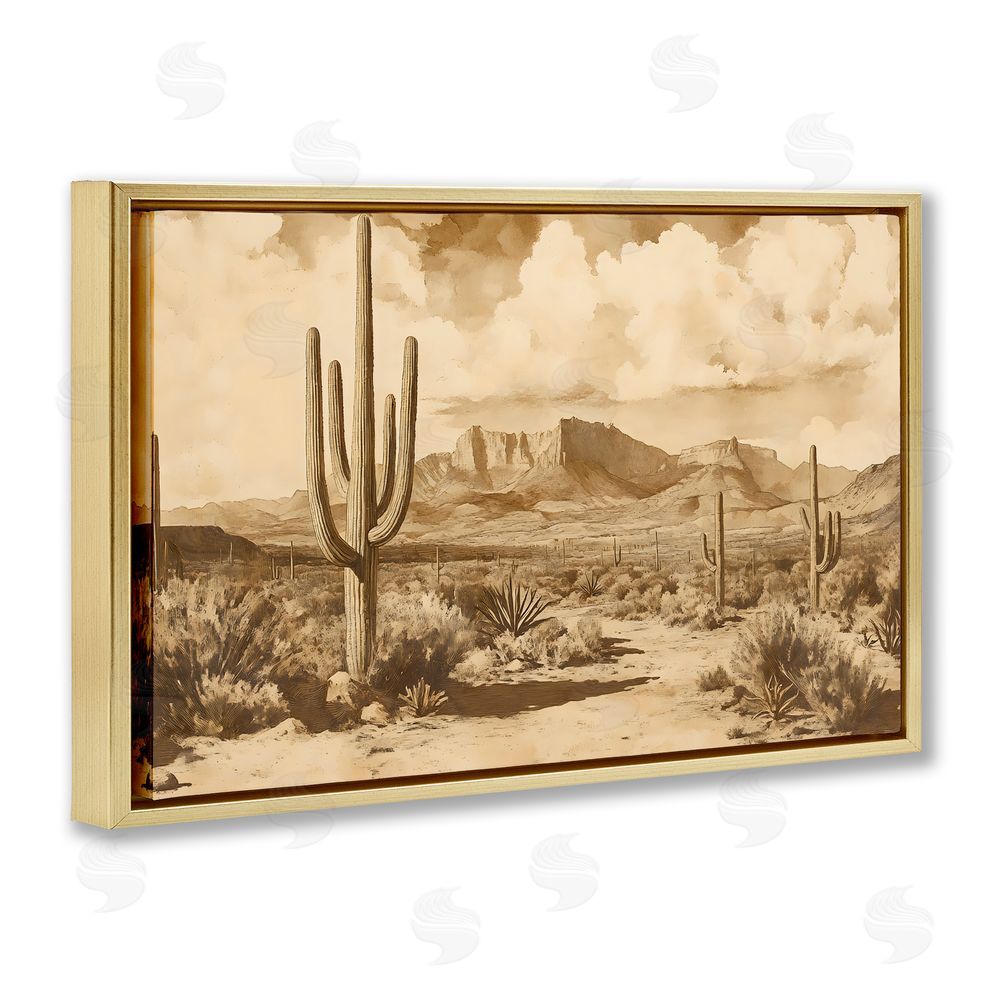 Franklyn Gregory Vintage Desert Peaks with Saguaro Gold Floating Framed Canvas Wall Art Print