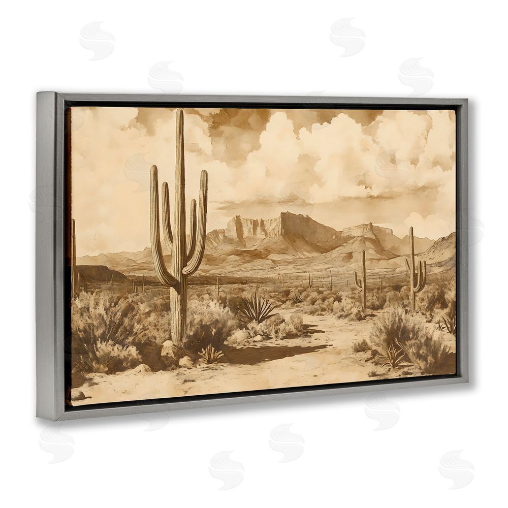 Franklyn Gregory Vintage Desert Peaks with Saguaro Gray Floating Framed Canvas Wall Art Print