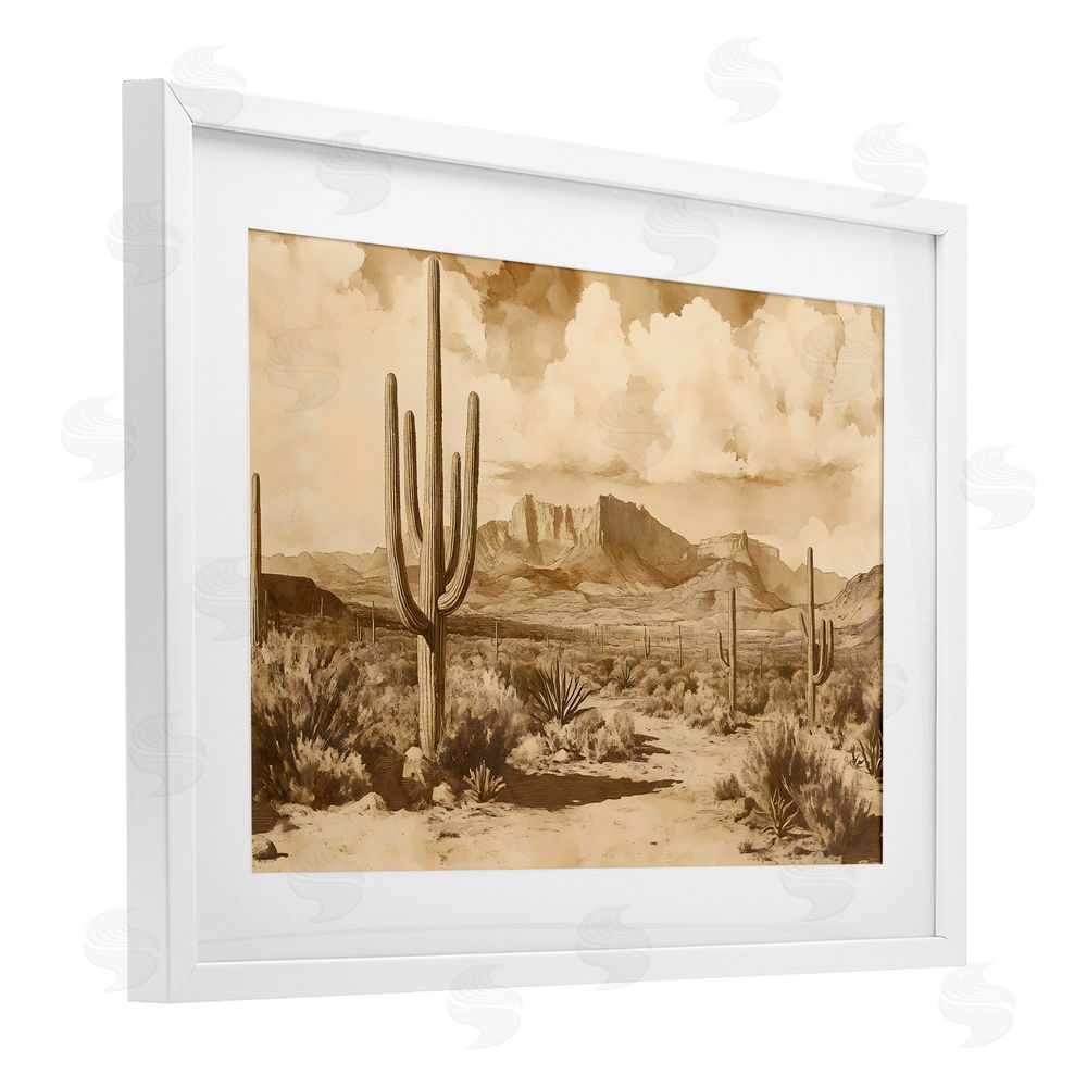 Franklyn Gregory Vintage Desert Peaks with Saguaro White Framed Print Under Glass with White Mat Wall Art