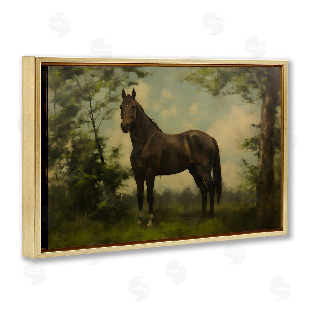 Petal Prints Design Forest Horse Portrait Gold Floating Framed Canvas Wall Art