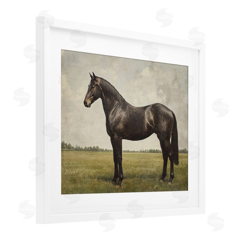 Petal Prints Design Espresso Horse in Pastoral Field White Framed Print Under Glass Wall Art