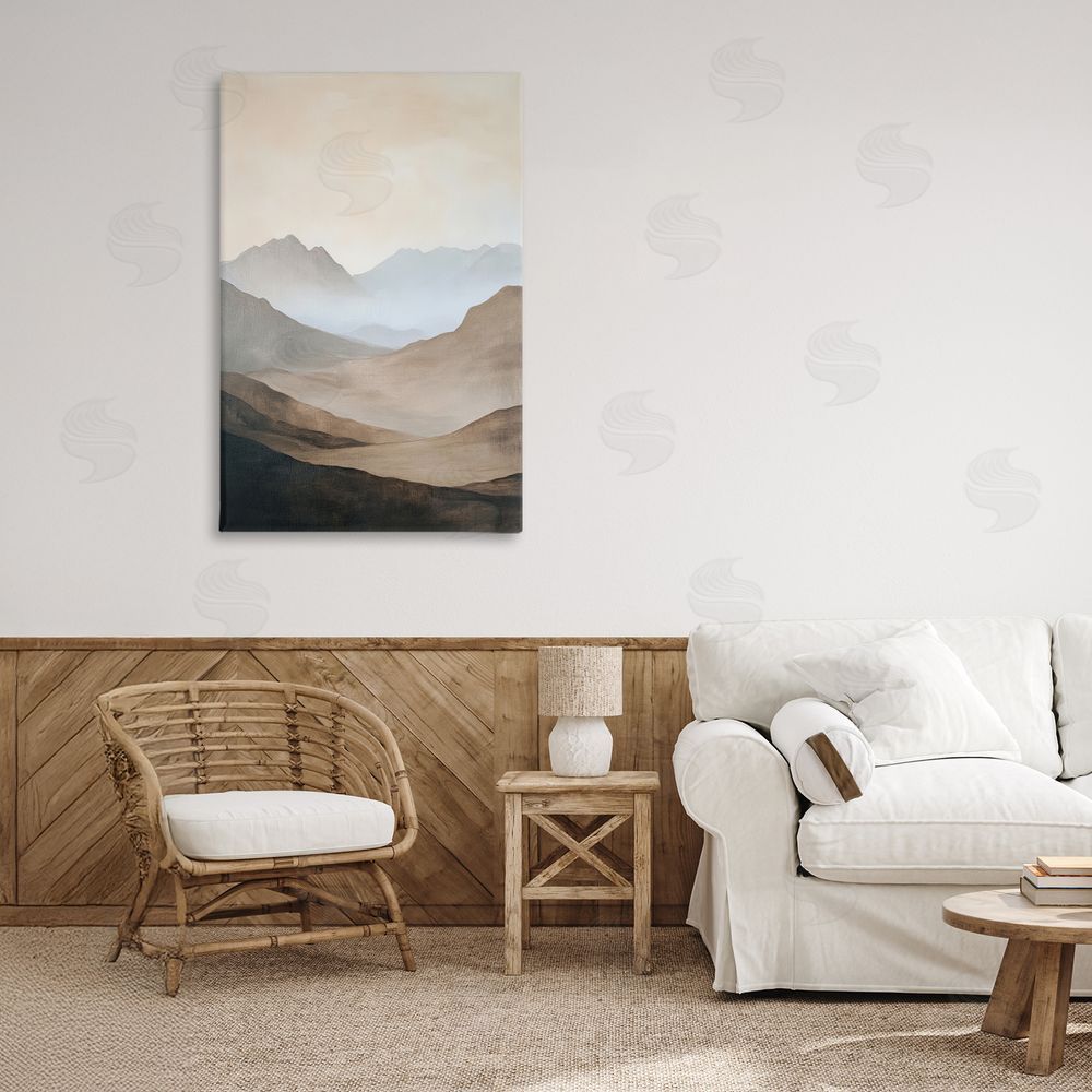 Petal Prints Design Foggy Mountains Over Valley Stretched Canvas Wall Art in Room