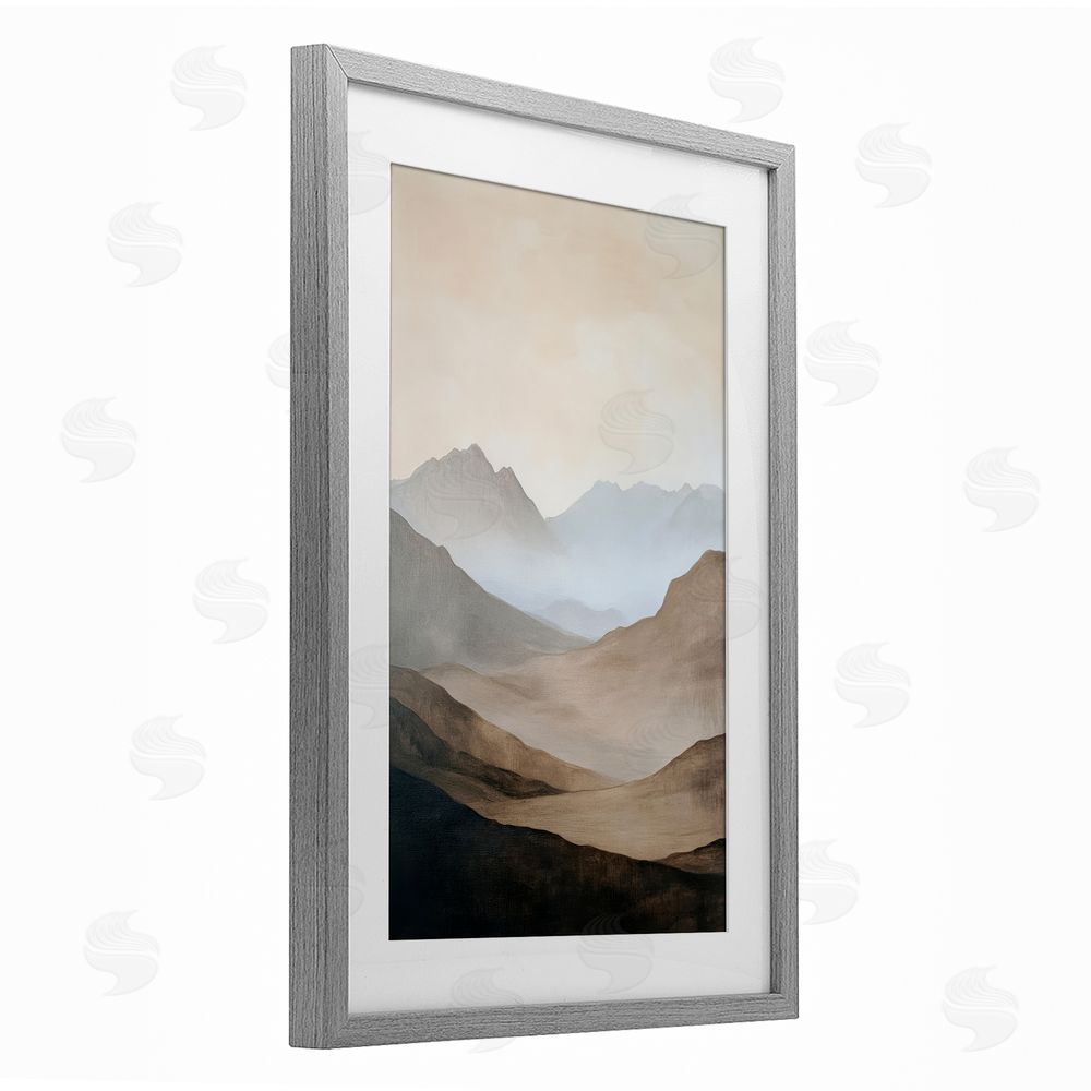 Petal Prints Design Foggy Mountains Over Valley Gray Framed Print Under Glass Wall Art