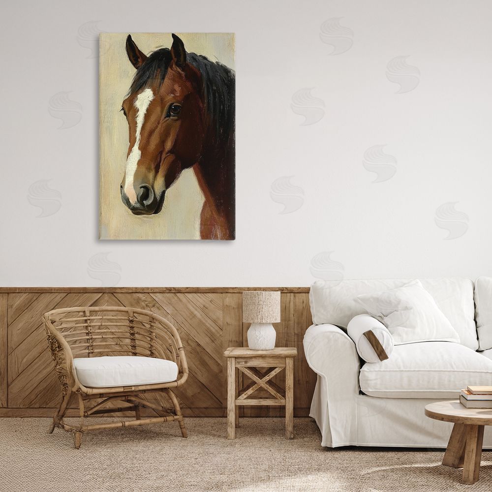 Petal Prints Design Beautiful Brown Horse Portrait Stretched Canvas Wall Art Print in Room