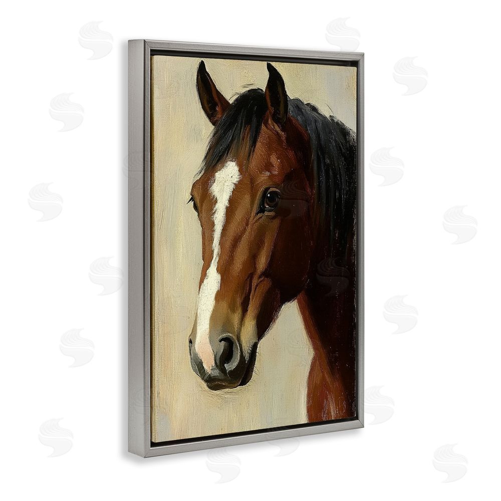 Petal Prints Design Beautiful Brown Horse Portrait Gray Floating Frame Stretched Canvas Wall Art Print
