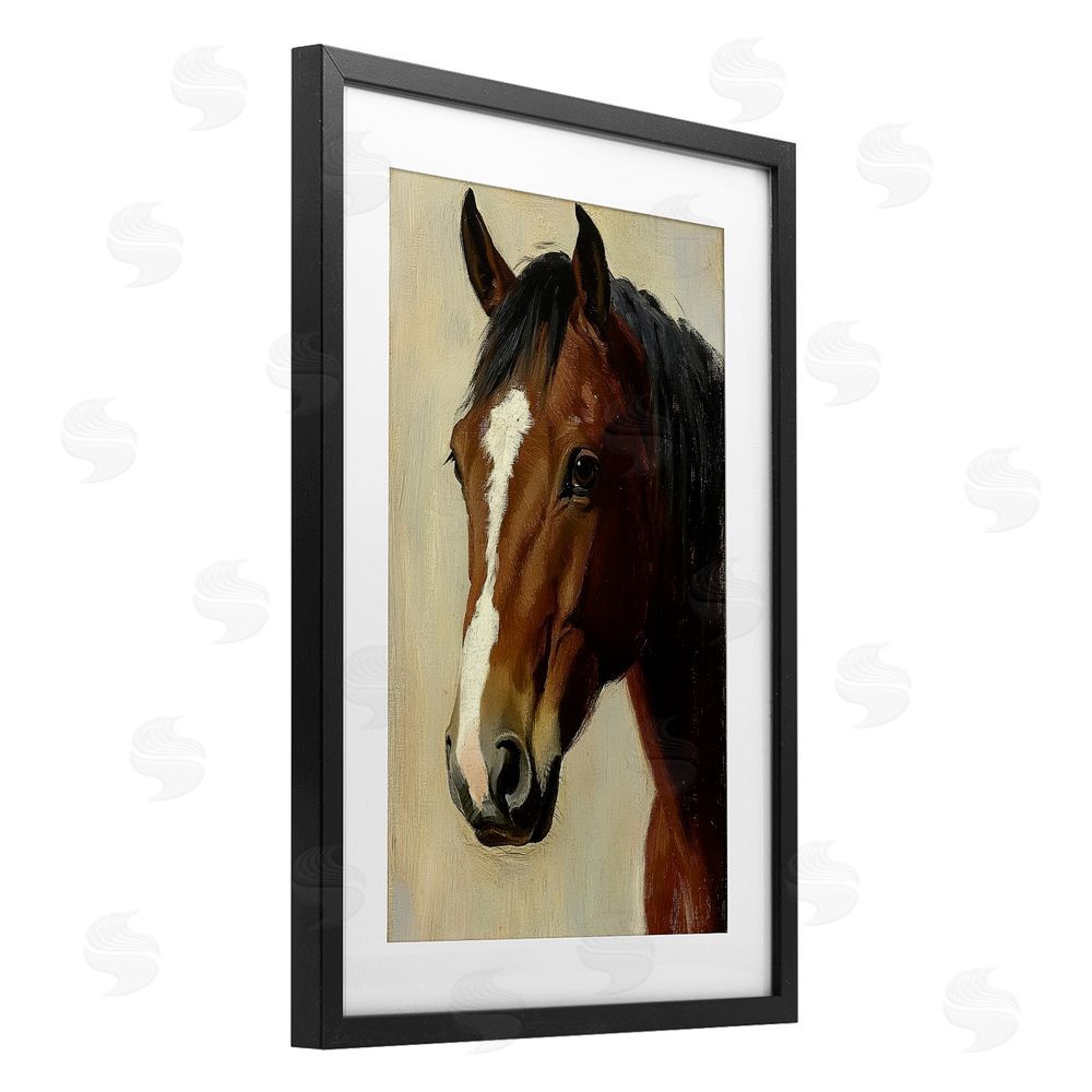 Petal Prints Design Beautiful Brown Horse Portrait Black Framed Print Under Glass with Matting Wall Art