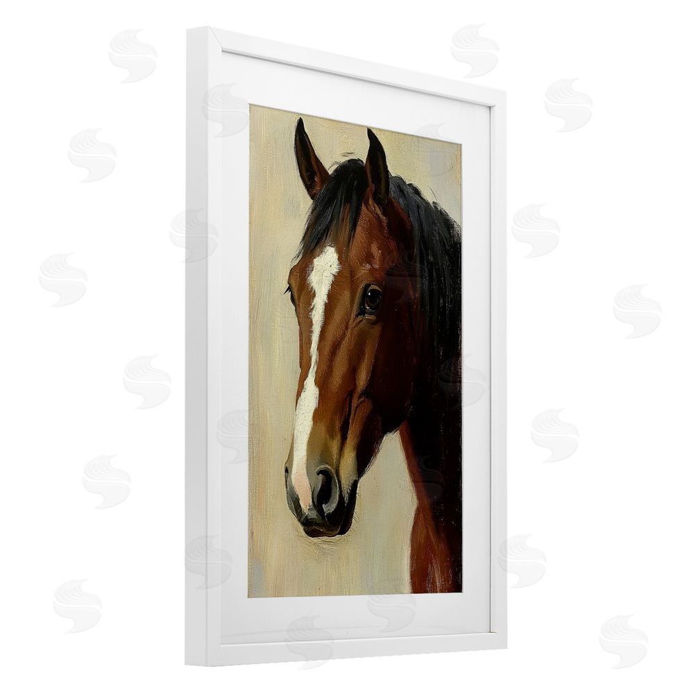 Petal Prints Design Beautiful Brown Horse Portrait White Framed Print Under Glass with Matting Wall Art