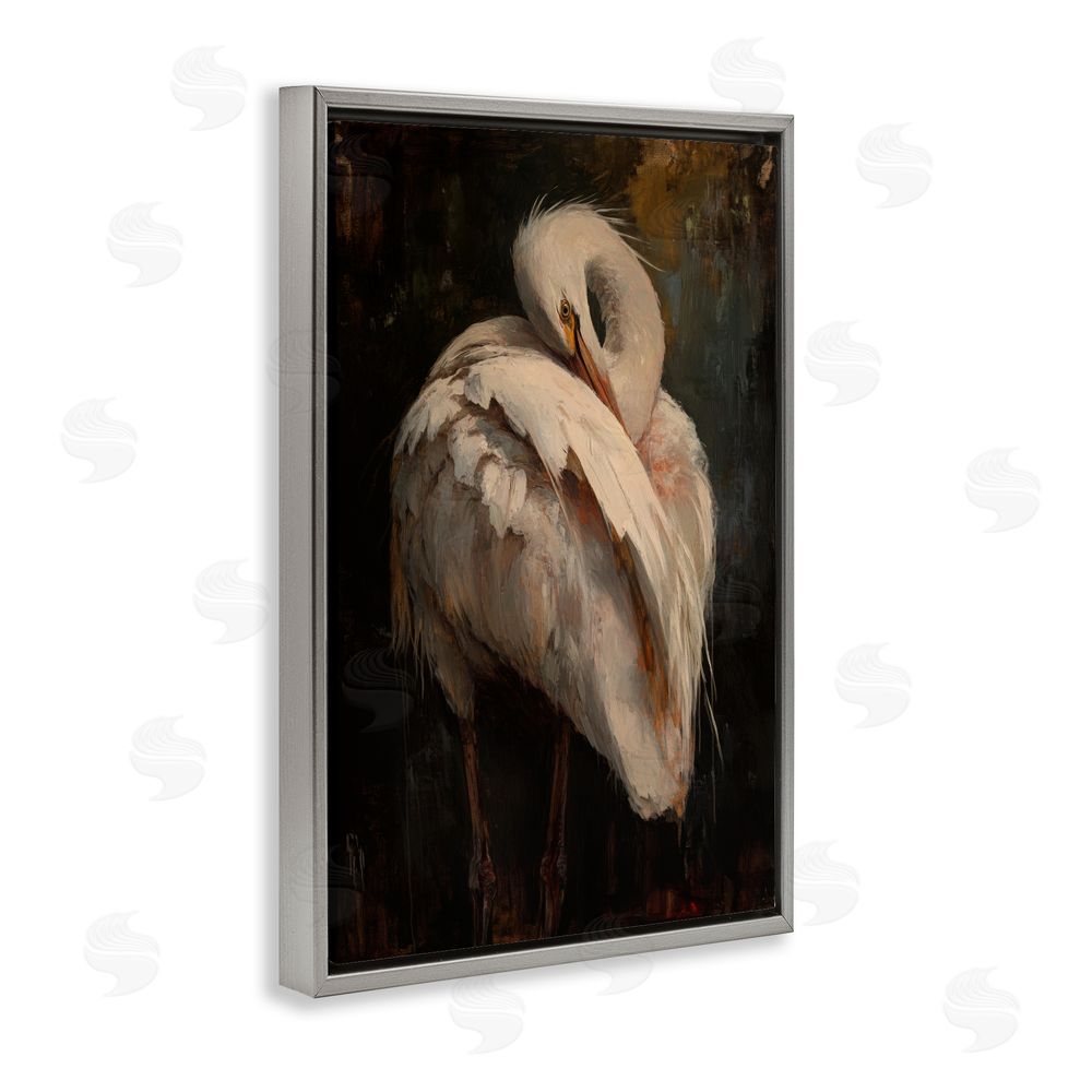 Petal Prints Design Sleeping Egret in Golden Light Gray Floating Framed Canvas Wall Art Print