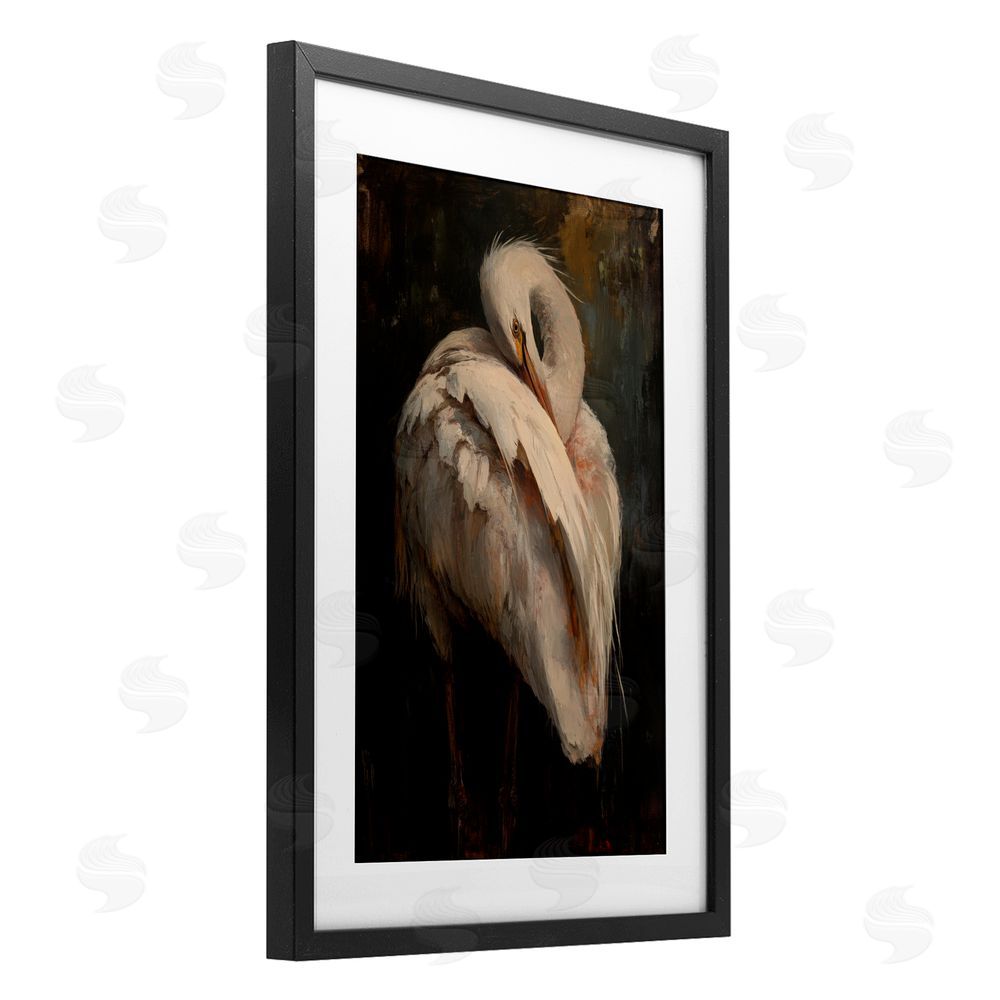 Petal Prints Design Sleeping Egret in Golden Light Black Framed Print Under Glass with White Mat Wall Art