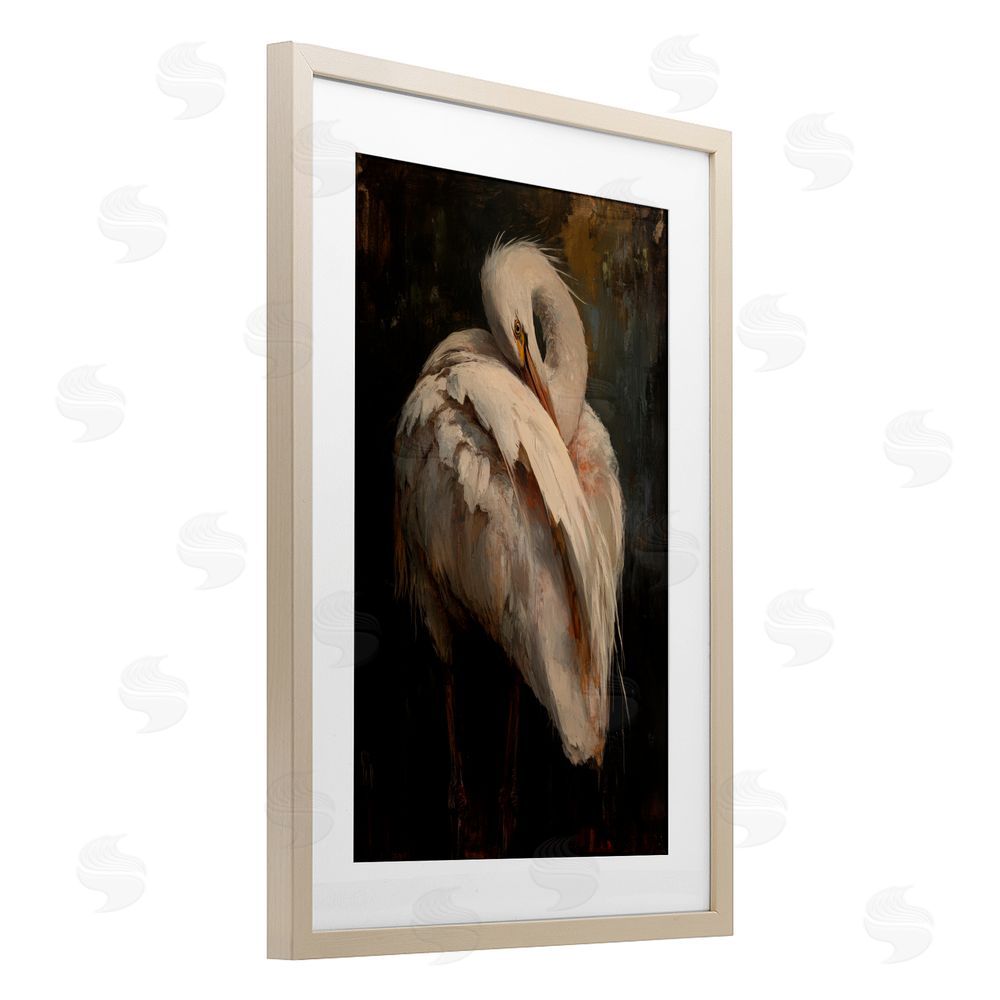 Petal Prints Design Sleeping Egret in Golden Light Brown Framed Print Under Glass with White Mat Wall Art