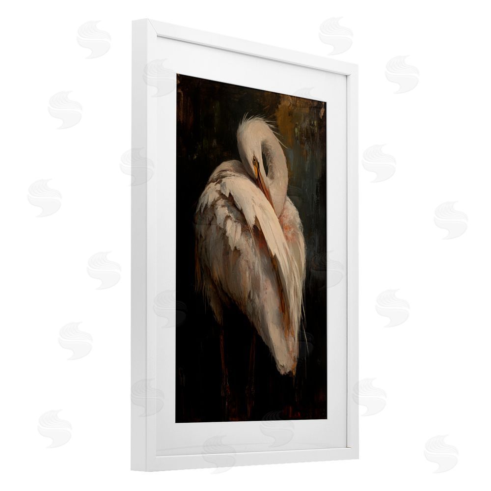 Petal Prints Design Sleeping Egret in Golden Light White Framed Print Under Glass with White Mat Wall Art