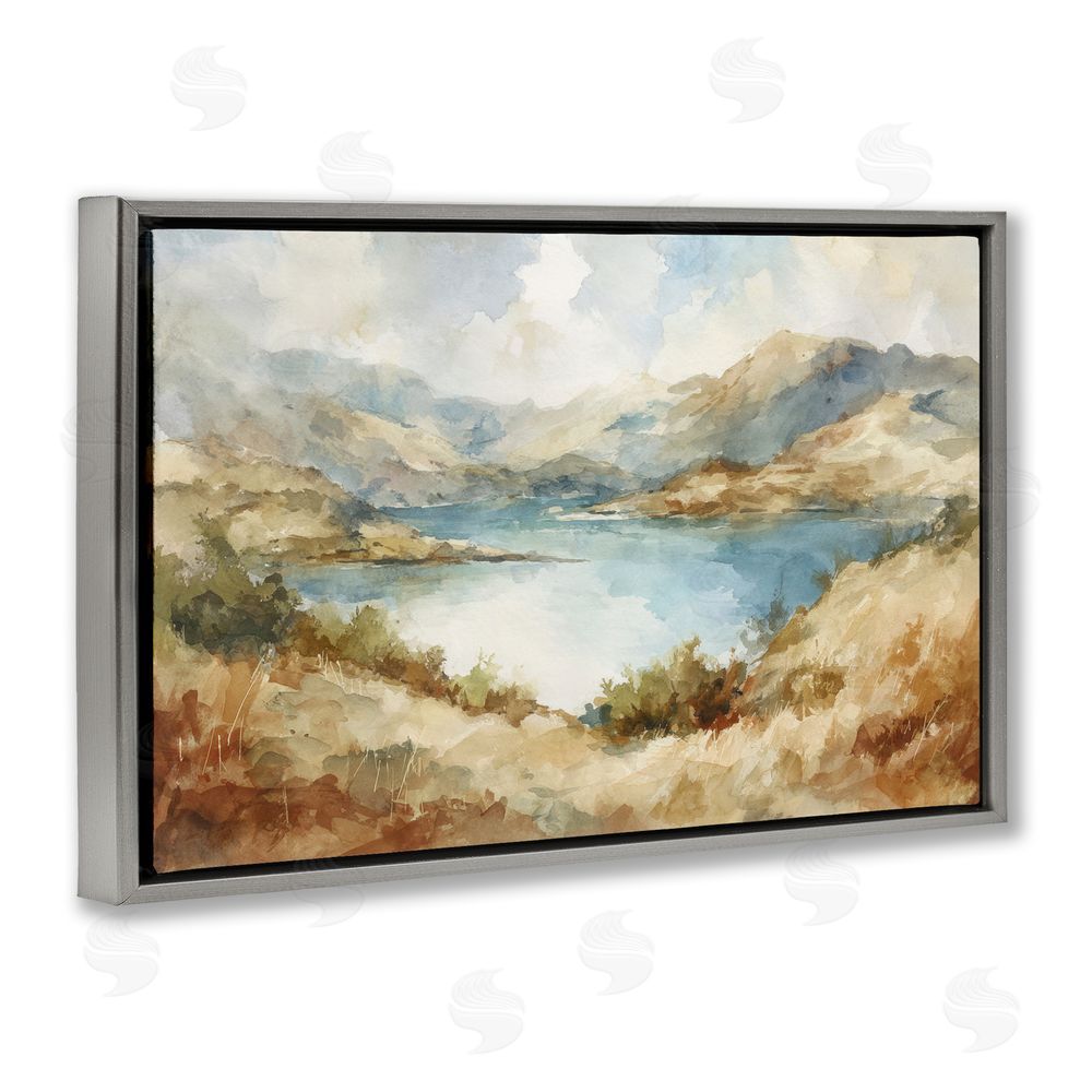 Petal Prints Design Secret Mountain Lake Panorama Gray Floating Framed Canvas Wall Art Print