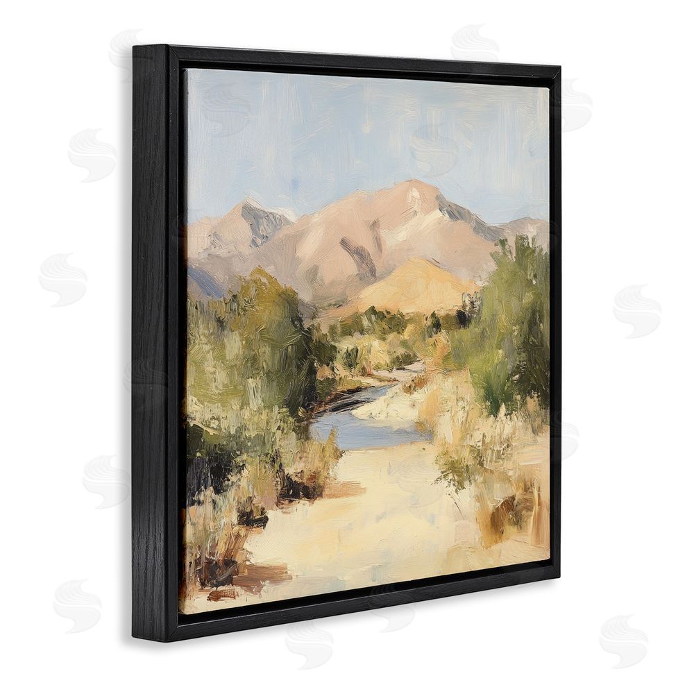 Petal Prints Design Beige Desert Mountain Stream Black Floating Frame Stretched Canvas Wall Art Print