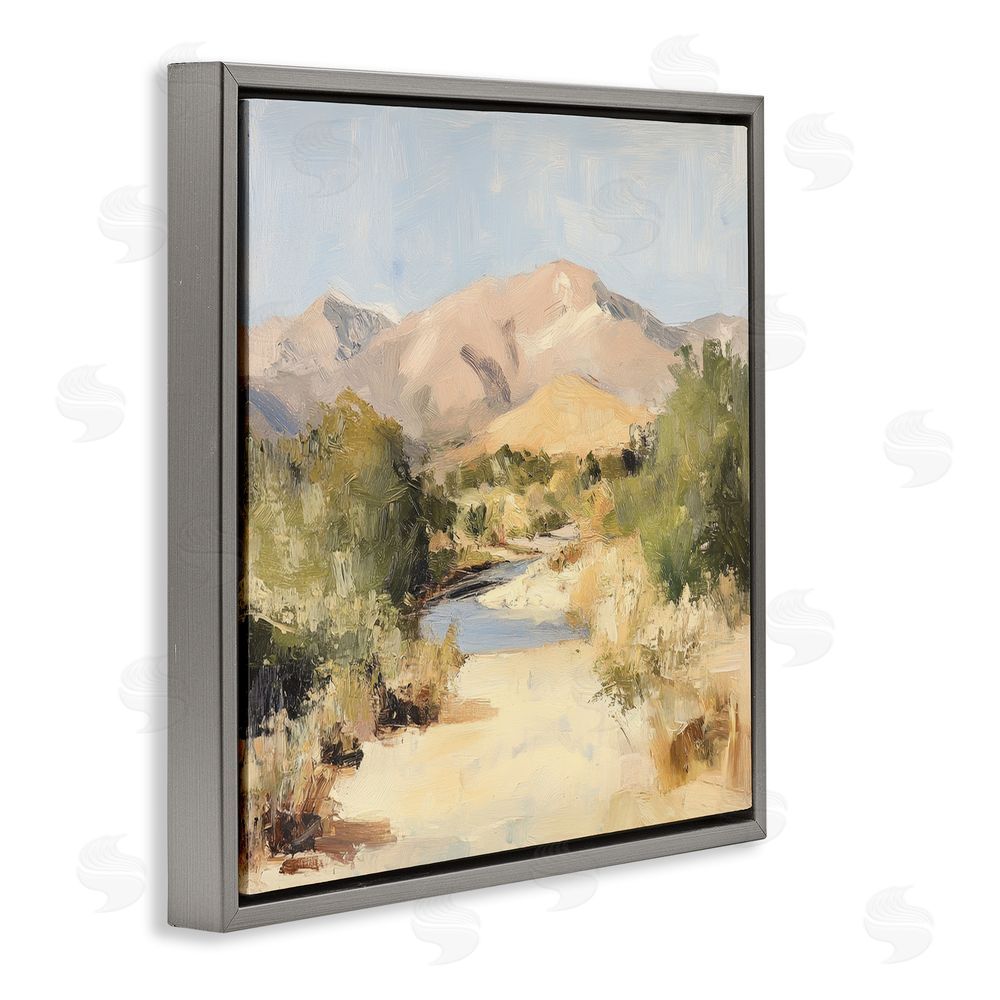 Petal Prints Design Beige Desert Mountain Stream Gray Floating Frame Stretched Canvas Wall Art Print