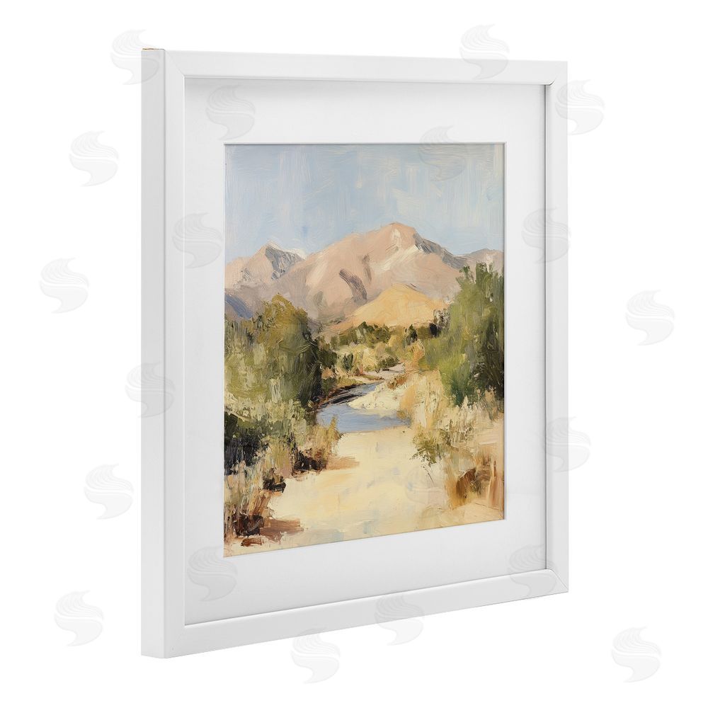 Petal Prints Design Beige Desert Mountain Stream White Framed Print Under Glass with Matting Wall Art