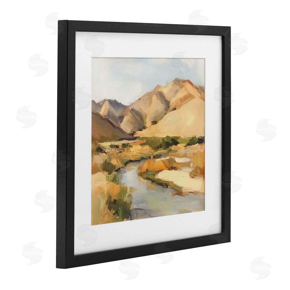 Petal Prints Design Wispy Desert River Black Framed Print Under Glass with White Mat Wall Art