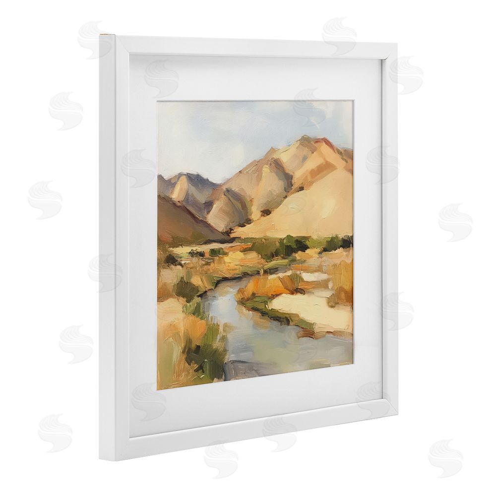 Petal Prints Design Wispy Desert River White Framed Print Under Glass with White Mat Wall Art
