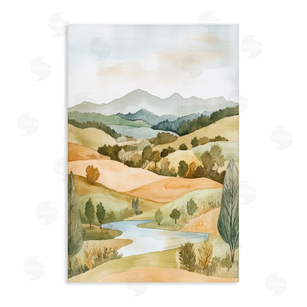 Petal Prints Design Watercolor Hills & Tranquil Valley Stretched Canvas Wall Art Print