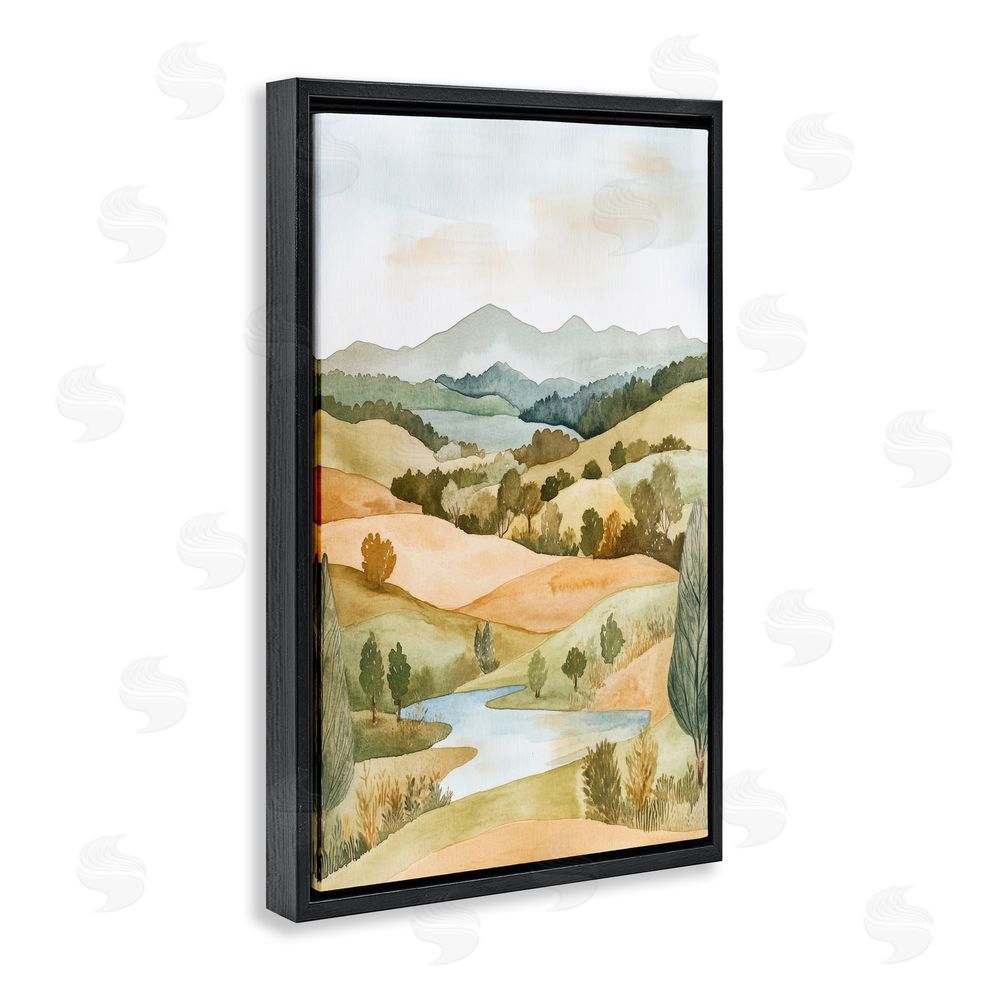Petal Prints Design Watercolor Hills & Tranquil Valley Black Floating Framed Canvas Wall Art Print