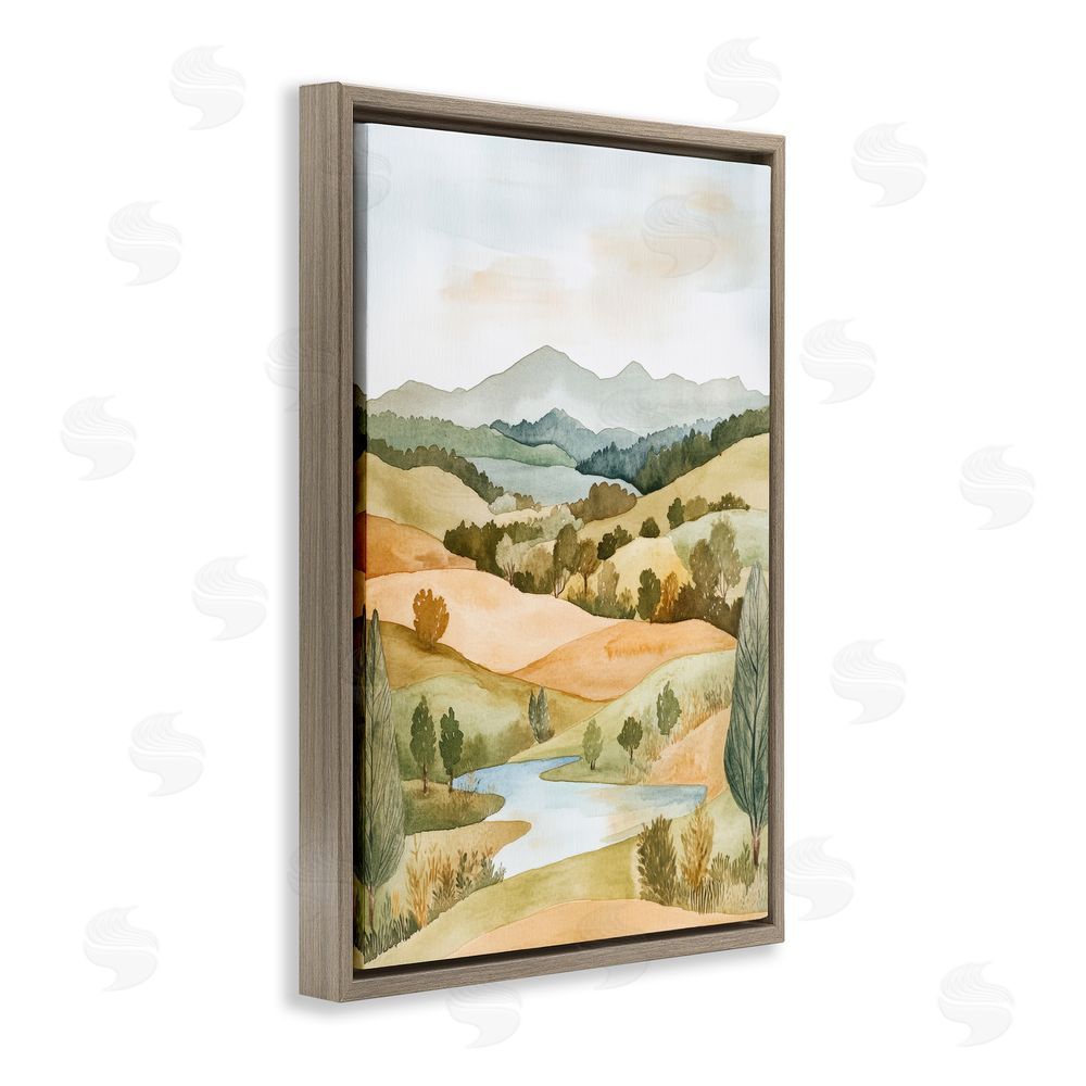 Petal Prints Design Watercolor Hills & Tranquil Valley Brown Floating Framed Canvas Wall Art Print