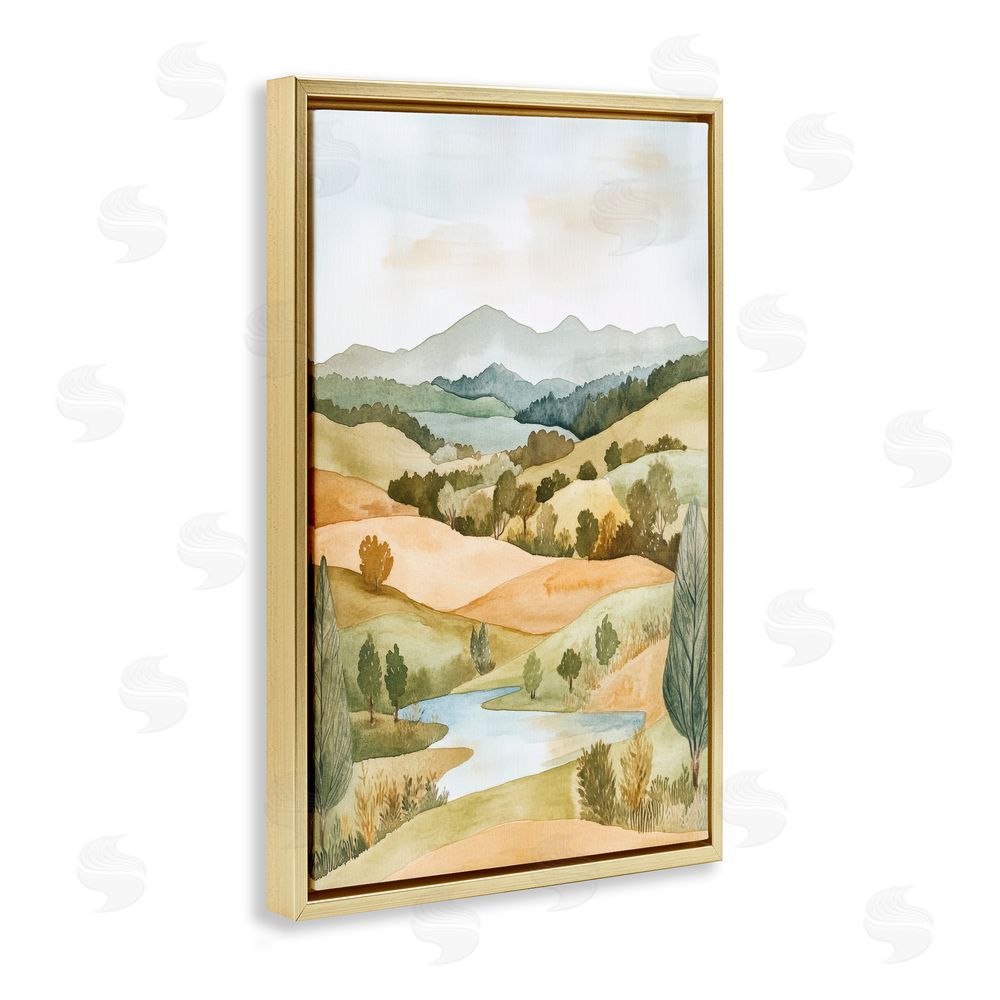 Petal Prints Design Watercolor Hills & Tranquil Valley Gold Floating Framed Canvas Wall Art Print