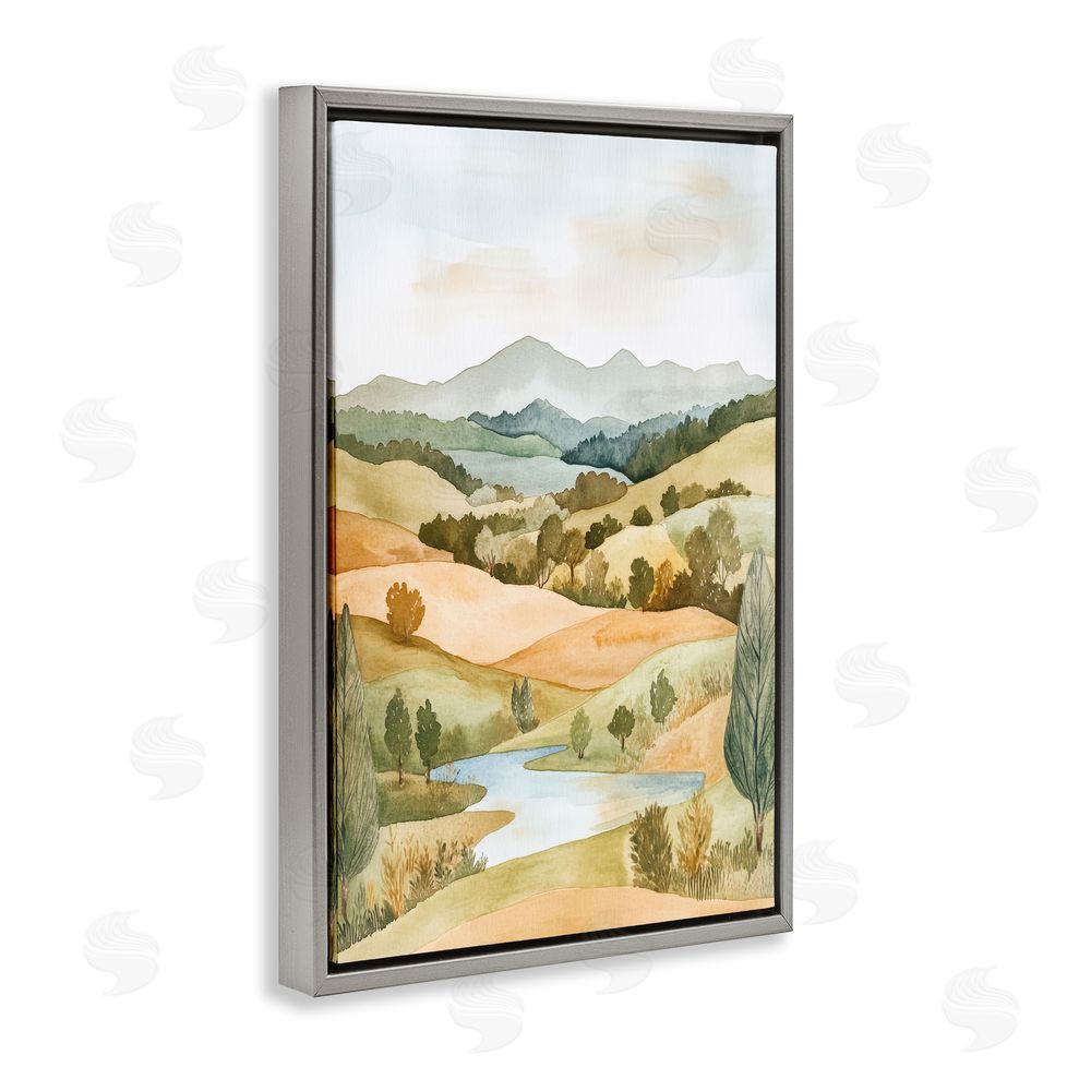Petal Prints Design Watercolor Hills & Tranquil Valley Gray Floating Framed Canvas Wall Art Print