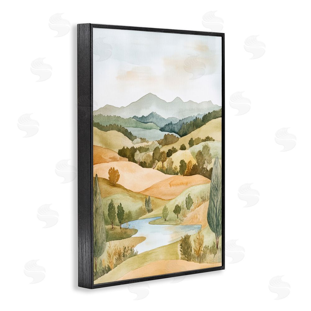 Petal Prints Design Watercolor Hills & Tranquil Valley Black Framed Giclee Wall Art Print