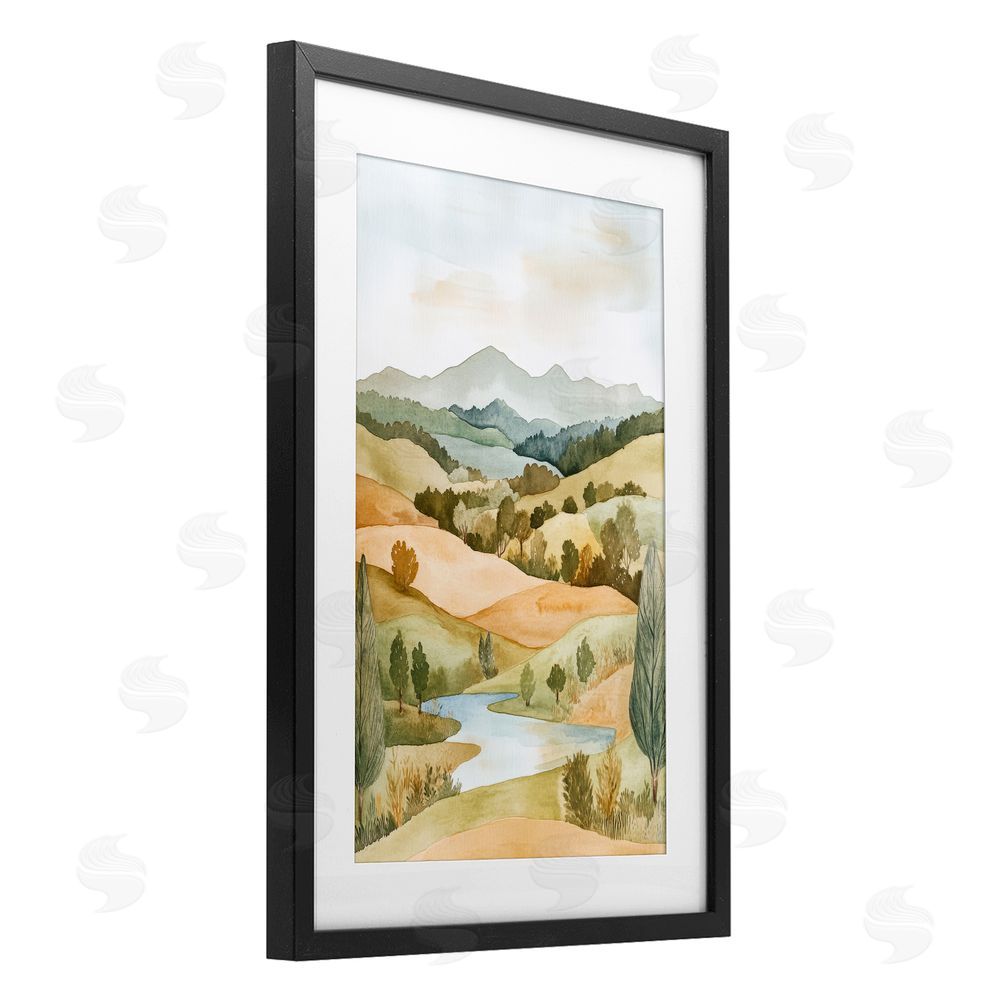Petal Prints Design Watercolor Hills & Tranquil Valley Black Framed Print Under Glass with White Mat Wall Art