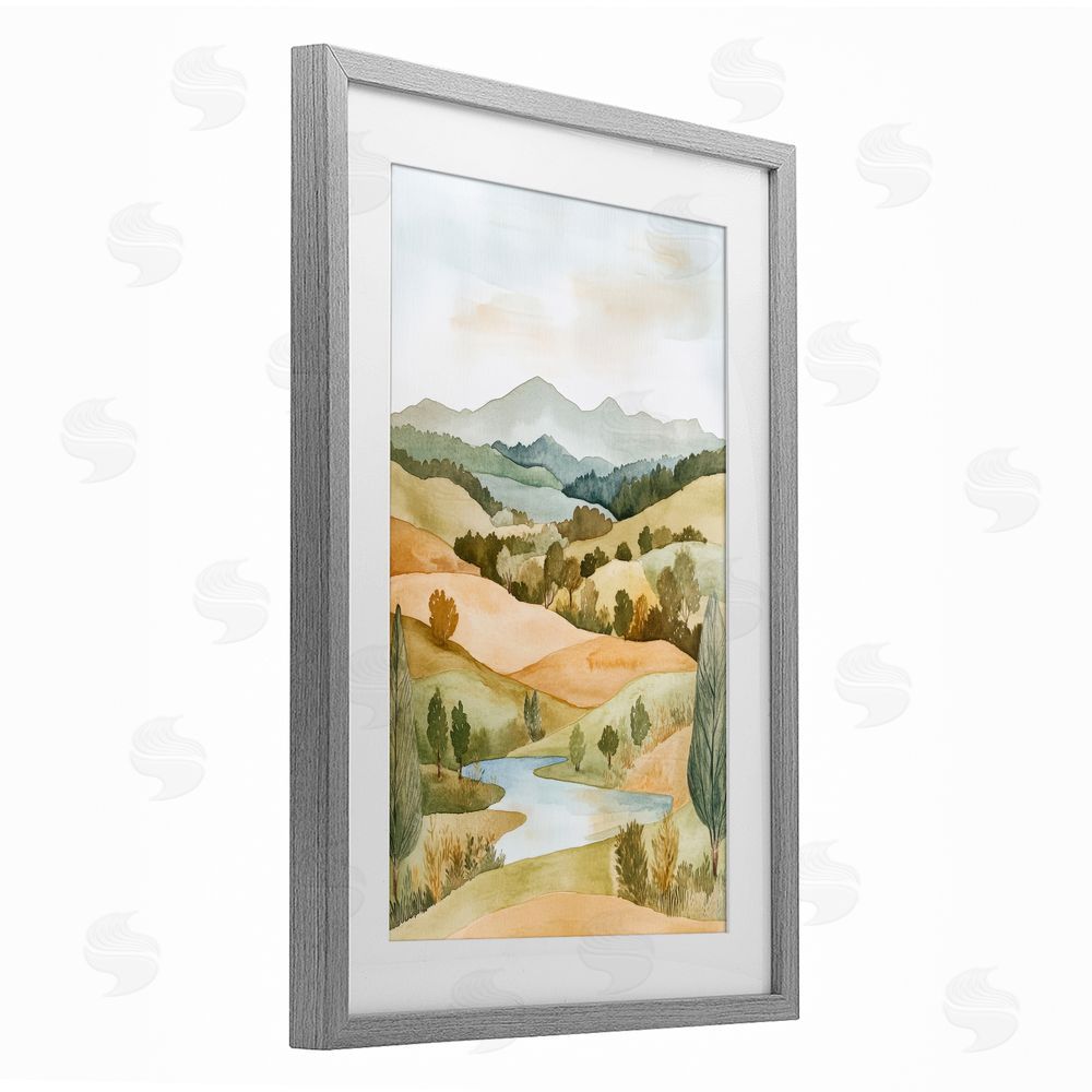 Petal Prints Design Watercolor Hills & Tranquil Valley Gray Framed Print Under Glass with White Mat Wall Art