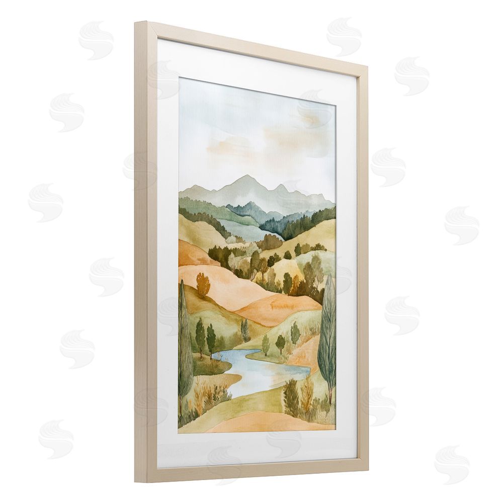 Petal Prints Design Watercolor Hills & Tranquil Valley Brown Framed Print Under Glass with White Mat Wall Art
