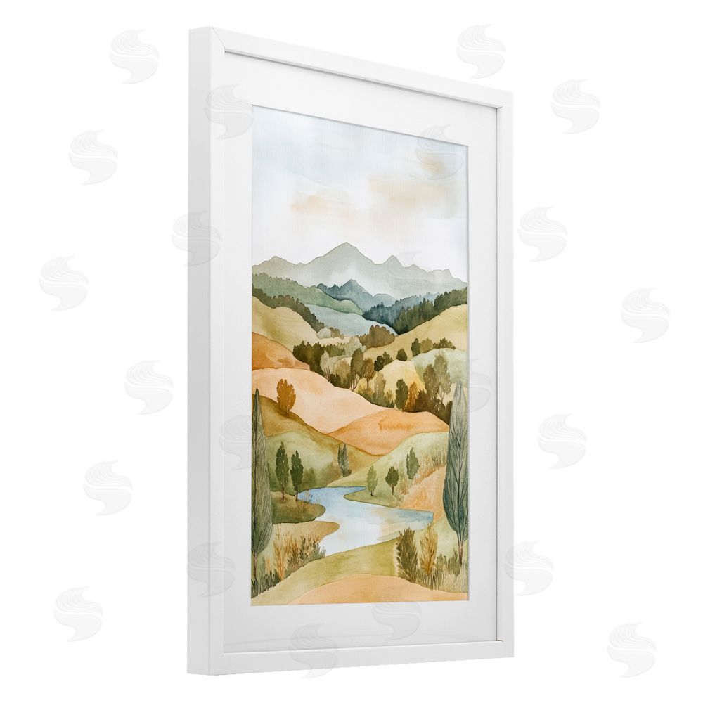 Petal Prints Design Watercolor Hills & Tranquil Valley White Framed Print Under Glass with White Mat Wall Art