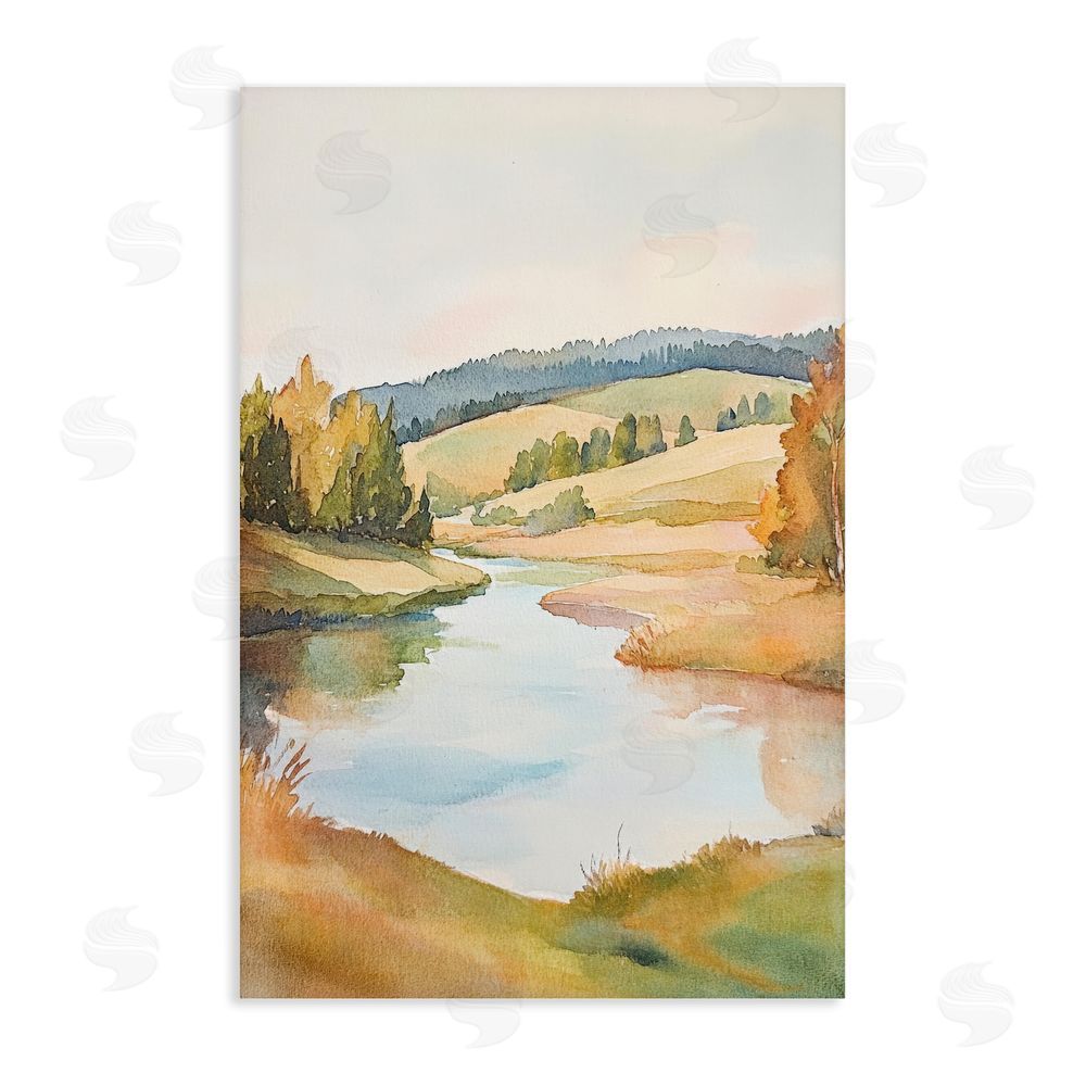 Petal Prints Design Serene Watercolor Lake Escape Stretched Canvas Wall Art Print
