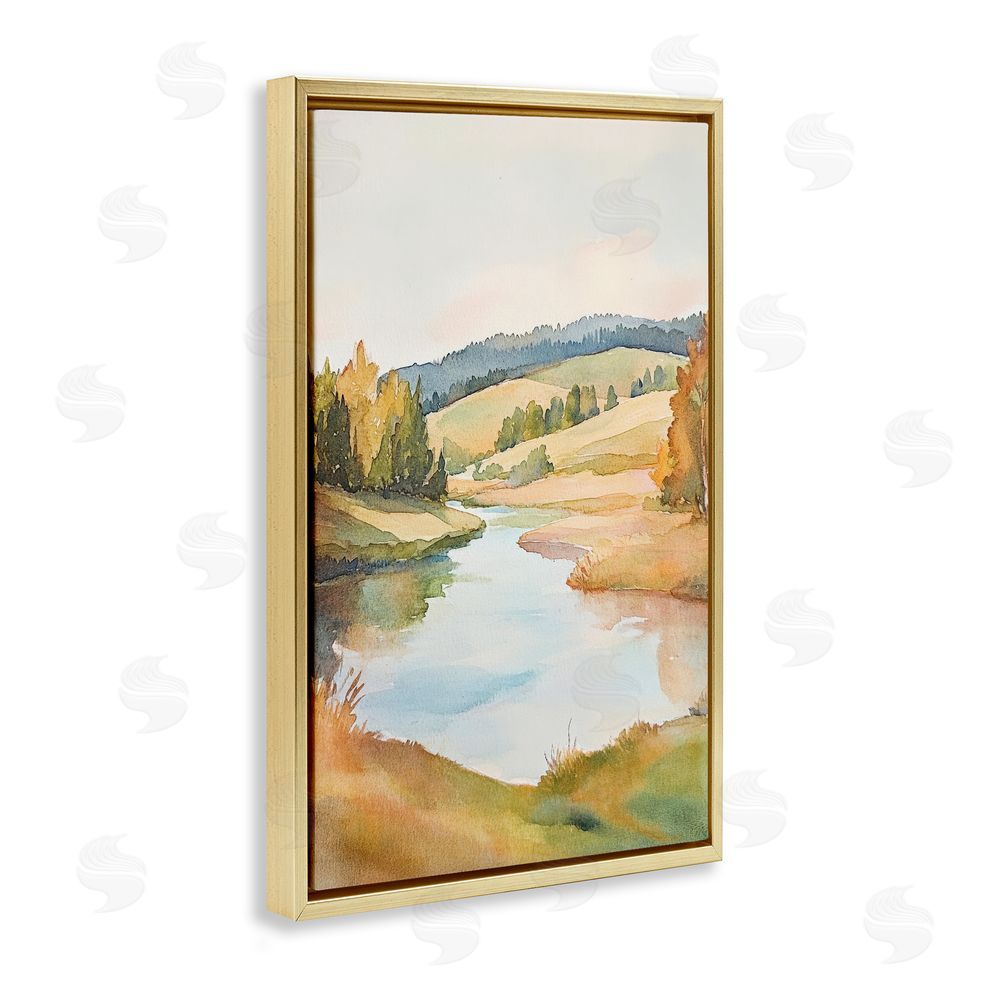 Petal Prints Design Serene Watercolor Lake Escape Gold Floating Framed Canvas Wall Art Print