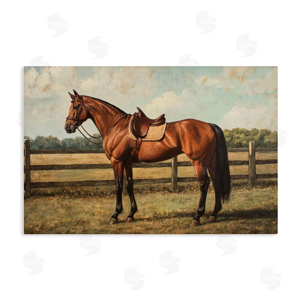 Petal Prints Design Chocolate Stag Saddled in Pasture Stretched Canvas Wall Art